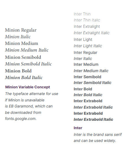 Details about the university fonts Minion Regular Minion Italic Inter Thin Inter Extralight Inter Light Inter Regular Inter Medium Inter Semibold Inter Bold Inter Extrabold Inter Extrabold Inter Thin Italic Inter Extralight Italic Inter Light Italic Inter Italic Inter Medium Italic Inter Semibold Italic Inter Bold Italic Inter Extrabold Italic Inter Extrabold Italic The Radford University brand pairs the traditional serif Minion typeface with the modern sans serif Inter. Minion is an Adobe font that can be activated with Adobe Creative Cloud, and Inter is a Google font available for free at fonts.google.com. The typeface alternate for use if Minion is unavailable is EB Garamond, which can be downloaded from fonts.google.com. Inter is the brand sans serif and can be used widely.