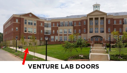 Venture Lab Doors located on the ground-level east side of Kyle Hall. (left end of the building.)