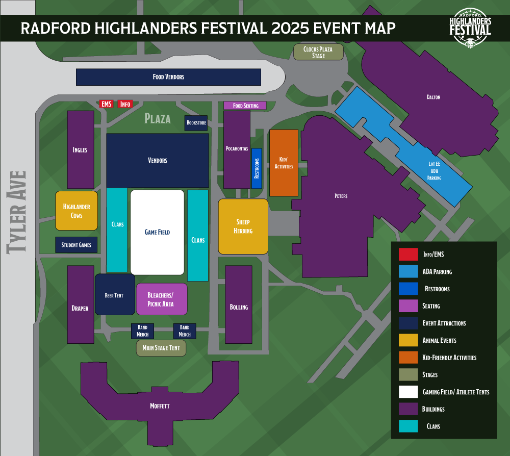 Map of the Radford Highlanders festival site. It shows Tyler Avenue and the Moffett Quad where the game field is located along with sheep herding, vendors, clans, stages for musical acts and more