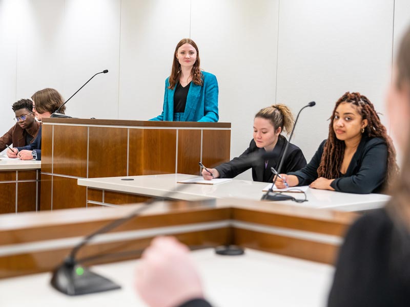 students in mock courtroom trial