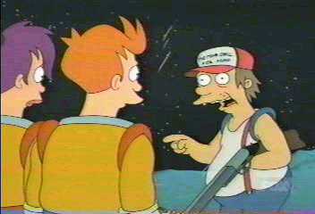 Futurama: Fry and Leela chat with Moon farmer