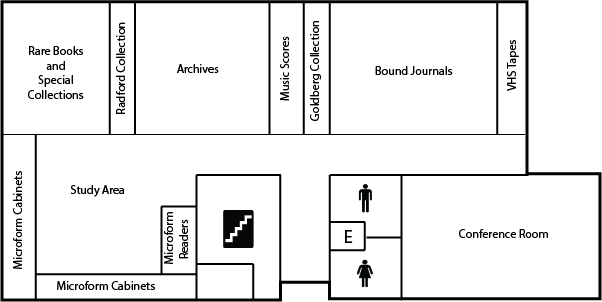 Line map of the layout of McConnell Library's first floor.