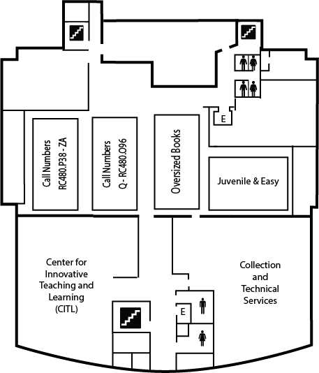 Line map of the layout of McConnell Library's second floor