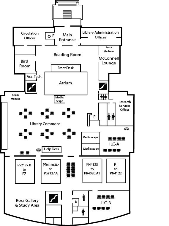 Line map of the layout of McConnell Library's 3rd floor, which is the main floor when entering from the front.