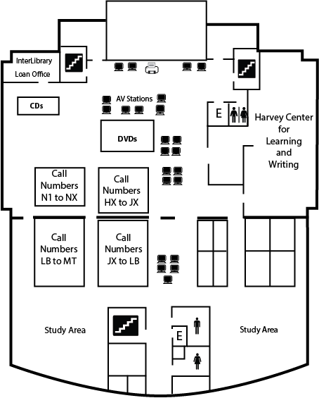 Line map of the layout of McConnell Library's fourth floor.