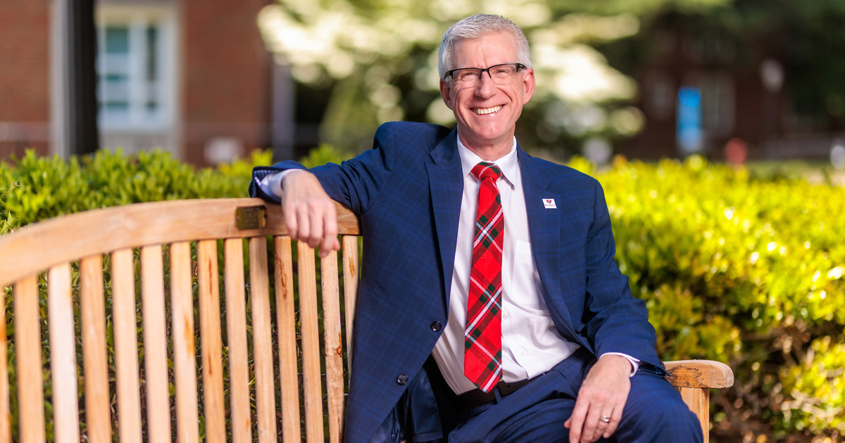 President Bret Danilowicz posed on the Radford University main campus
