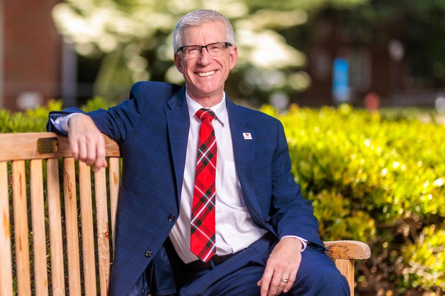 President Bret Danilowicz posed on the Radford University main campus