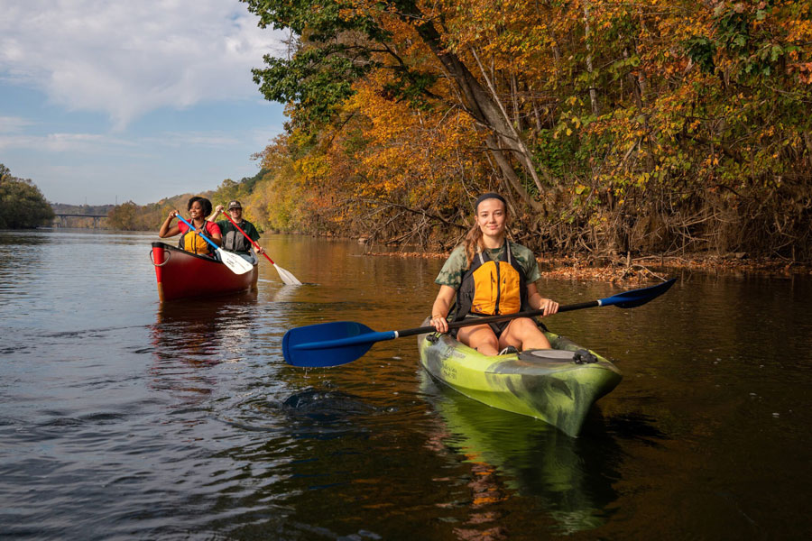 Radford University students kayak and canoe on the New River