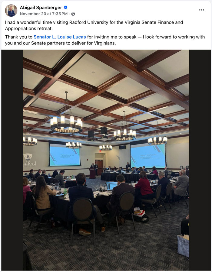 Governor Elect Abigail Spanberger facebook post