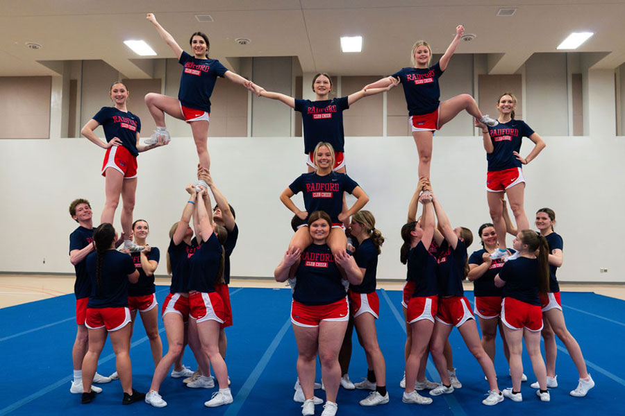 Radford's competitive cheer team arranged in formation