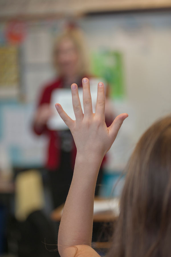 student raising their hand and a blurred out teacher in the background
