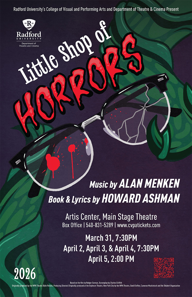 Poster for "Little Shop of Horrors" featuring a carnivorous plant holding bloody, broken glasses.