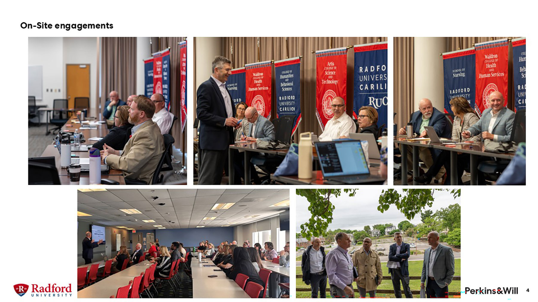Photos of Radford University leadership, faculty and staff meeting with the Perkins & Will design team in Roanoke at Radford University Carilion