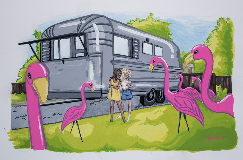 Cartoon-style art of two women looking over papers in front of a silver trailer with pink flamingos in the foreground.