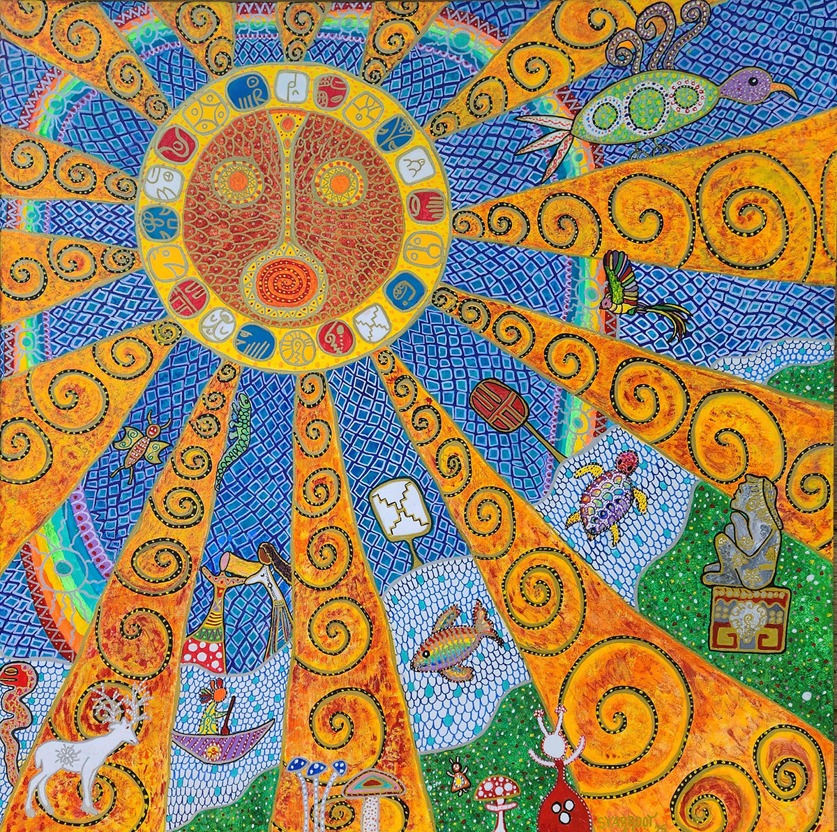 Yellow Magnetic Sun II (2025) is a 3 × 3 ft acrylic painting on canvas by Starroot. A radiant anthropomorphic sun occupies the center of the composition, surrounded by spiral rays and symbolic glyphs. Animals, celestial motifs, and mythic imagery populate a vividly colored landscape rendered in a mosaic-like visual language. The work explores themes of interconnectedness, cosmology, natural cycles, and spiritual transformation.