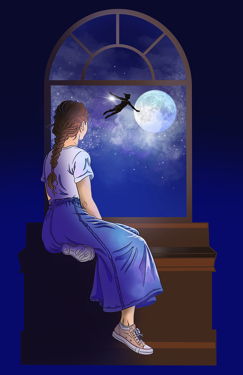 A vertically oriented theatrical poster with a dark navy, purple, and blue nighttime palette. A large arched window or stage-like frame dominates the upper portion. Through the window is a star-filled sky with clouds, a glowing full moon, and a small silhouetted flying figure. In the foreground, an illustrated young girl with long braided brown hair sits sideways on a wooden bench, wearing a white short-sleeved top, a flowing blue-purple skirt, and sneakers, gazing toward the moon and flying figure.