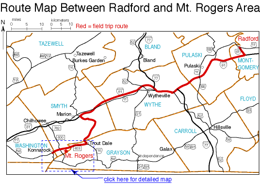 Route Map Between Radford and Mount Rogers
