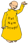 A cartoon of a small boy in a bright yellow nightshirt with 'Dat new 
stuff' written on the front.