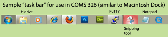 Windows 7 taskbar with icons for programs used in coms326